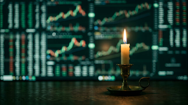 Candlestick chart analysis with glowing candle focus on dark financial trading desk