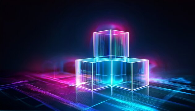 stacked 3d translucent glowing cubes in cyan and magenta against a dark background concept of blockchain technology modular logistics cloud storage and digital building blocks