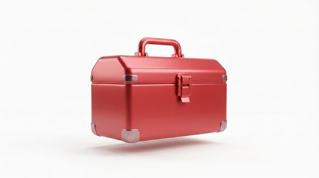 Empty red metal toolbox with handle for storage and organization. Durable vintage-style case for tools, equipment, and supplies.