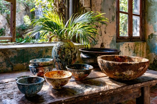 Wabi sabi pottery bowls and vases on rustic wooden table