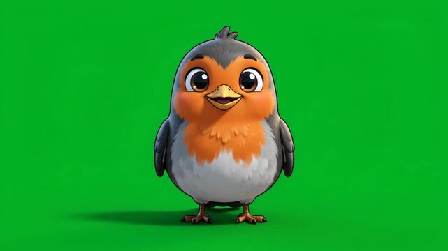 Cute animated robin bird character with a vibrant orange breast on a green screen background.