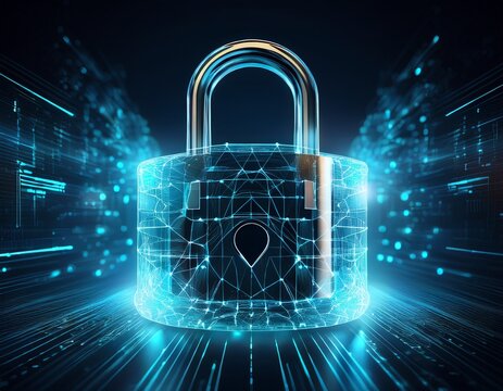 transparent digital padlock with wireframe internal structure and glowing light effects concept of transparent encryption secure blockchain ledger and digital identity protection