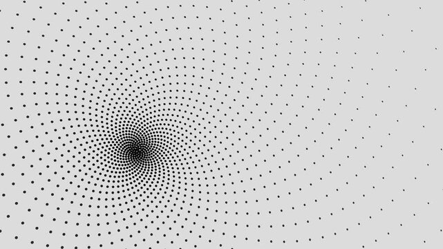 Monochrome dot swirl radiates in an abstract halftone pattern across a clean grey background in a minimal geometric 3D animation