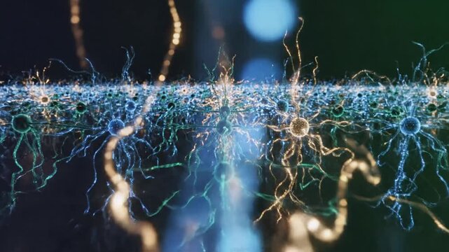 Neural network concept with glowing connections and synapses