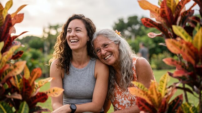 Happy Mother and Daughter Laughing Together in Tropical Garden