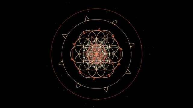 Glowing geometric flower mandala with sacred geometry patterns appears in warm tones against dark background.