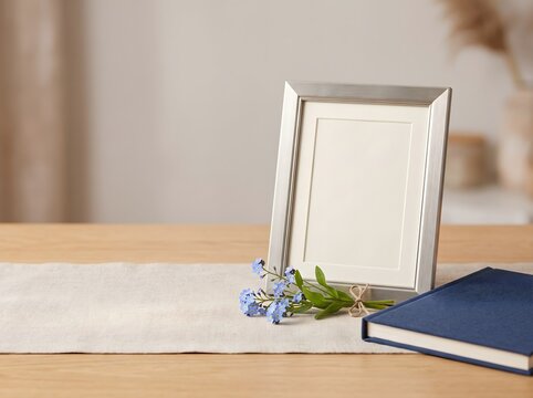 Silver picture frame mockup, blank photo frame on table, elegant home decor