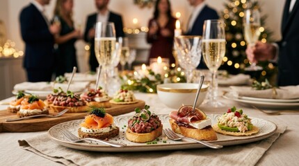 Fototapeta premium Elegant holiday dinner table with gourmet appetizers, champagne flutes, candles and blurred guests in the background, creating a warm festive atmosphere for celebration and entertaining