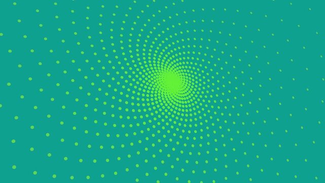 Luminous green dots swirl in a vibrant halftone spiral pattern over a teal background for modern tech intro sequences