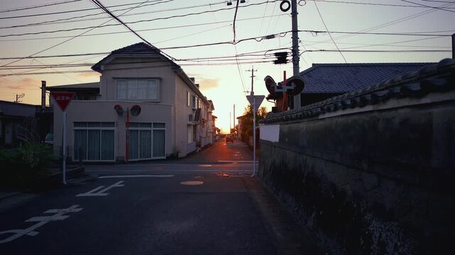 Quiet Residential Street at Sunset with Japanese Stop Sign in Suburb | 4K