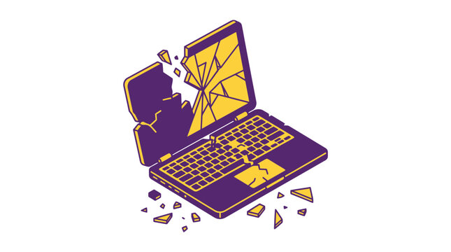 Broken Laptop Computer Screen, Damaged Technology Isolated