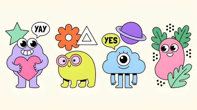 Four cartoon characters expressing positive emotions with speech bubbles saying yay and yes