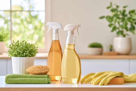Overhead flat lay of cleaning supplies neatly arranged on countertop with green plant and yellow gloves