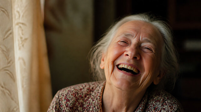 Elder portrait woman smile joyful face natural light home interior warm emotion contentment