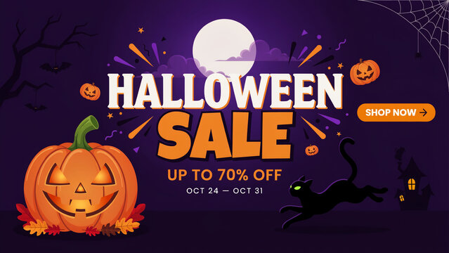 Halloween Sale banner, spooky holiday discount promotion with carved pumpkins and black cat. Seasonal marketing advertisement for October 24 - October 31, up to 70% off.