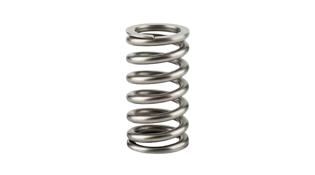 Metal spring made of steel stands vertically against a clean white background in a studio shot.