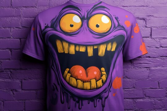 Purple t shirt displaying cartoon monster face illustration