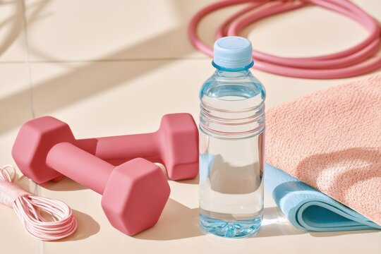 Overhead flat lay of fitness essentials including pink dumbbells jump rope water bottle and towel on beige surface