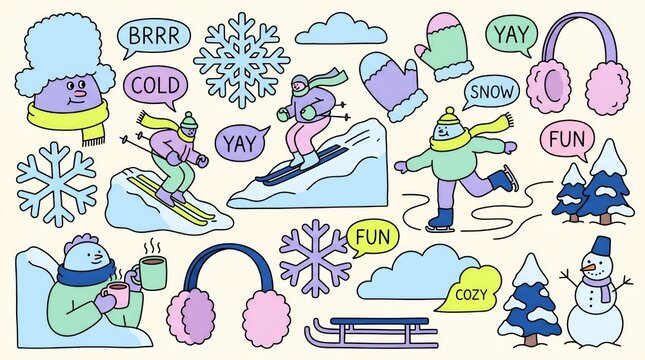Colorful winter activities and fun illustrations with snowflakes and people enjoying skiing and sledding