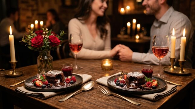 Romantic couple holding hands at a candlelit restaurant table with chocolate desserts, red wine and rose centerpiece, warm intimate dinner date scene for love, celebration and dining concepts