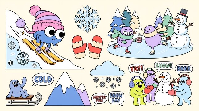 Colorful cartoon characters enjoying fun winter activities with snowman and snowflakes