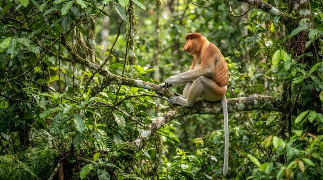 A wild proboscis monkey  resting on a tree branch in a lush tropical rainforest in Borneo, captured in natural wildlife habitat.