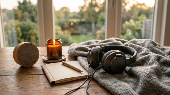 Headphones resting on a soft blanket beside a notebook, pen, candle and wooden speaker on a table by a window with blurred garden views, creating a calm home workspace mood for advertising and editori