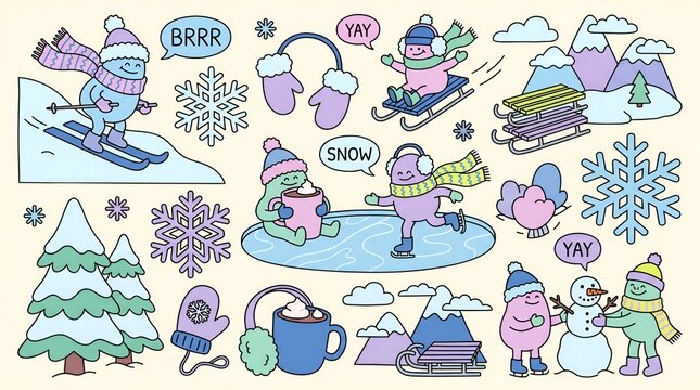 Colorful winter activities cartoon characters enjoying snow fun
