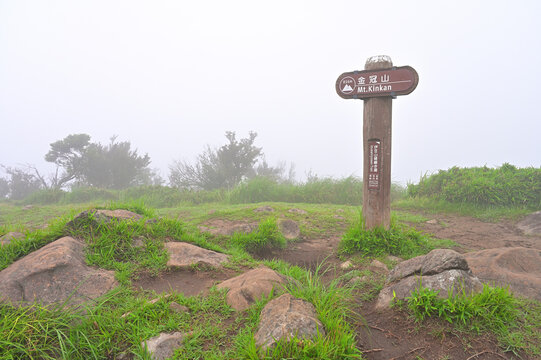 伊豆半島の伊豆山稜線歩道　金冠山山頂　山霧の広い頂
