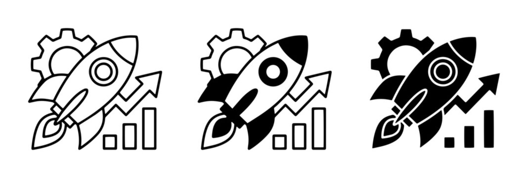 Rocket launch with gear and growth chart outline solid styles, UI and web interface