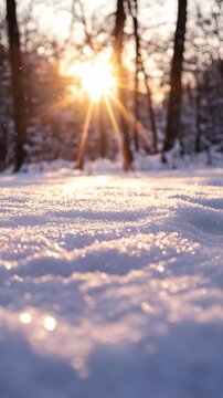 A snowy forest with the sky illuminated by the Aurora Borealis at sunrise or sunset.