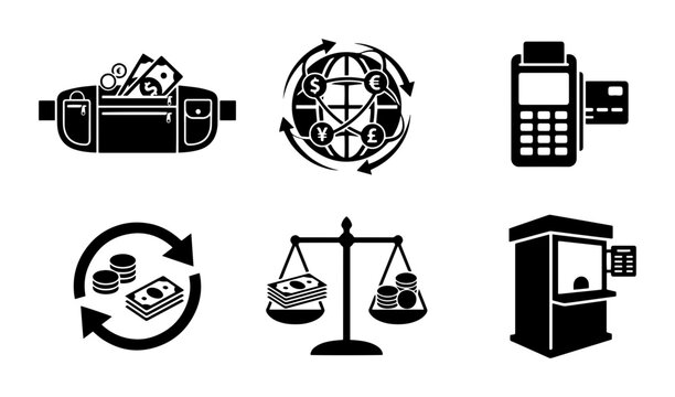 Money transfer and payment icons with cash, credit card, and ATM outline solid styles, UI and web interface.