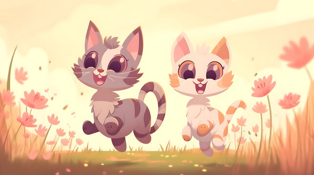 Two happy cartoon cats running through a field of flowers with a soft warm glow