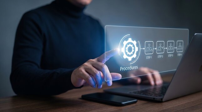 Professional managing digital business procedures through an interactive virtual interface on a laptop, symbolizing modern workflow optimization and technological advancement