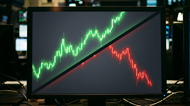 Stock market trading chart with green uptrend and red downtrend on digital screen