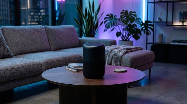 Sleek cylindrical smart home speaker rests centered on a modern round coffee table in a minimalist living room with moody neon lighting.