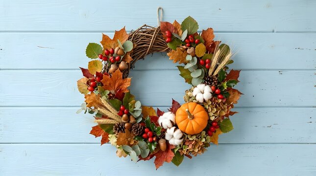 Autumn wreath with pumpkins, pinecones, and fall leaves on white wooden background