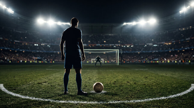 Soccer Player Kicking Ball on Stadium Field During Football Match, Dynamic Sports Action and Competitive Game Atmosphere