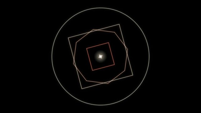 Concentric geometric shapes radiate outward from a glowing center against a dark backdrop.