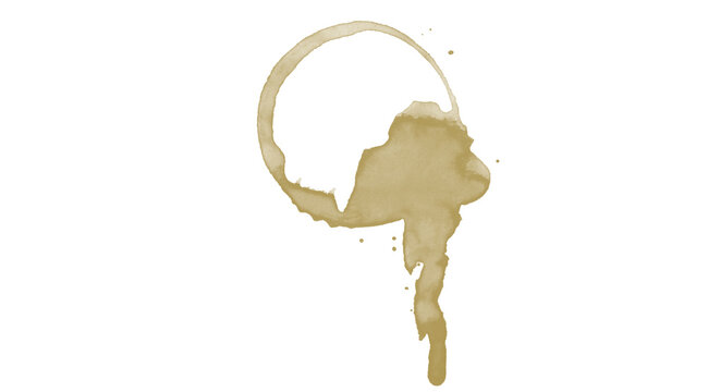 Coffee Stain with Drip on White Background &mdash; Brown Coffee Cup Ring with Tail, Circular Spill Speckles Texture Overlay

