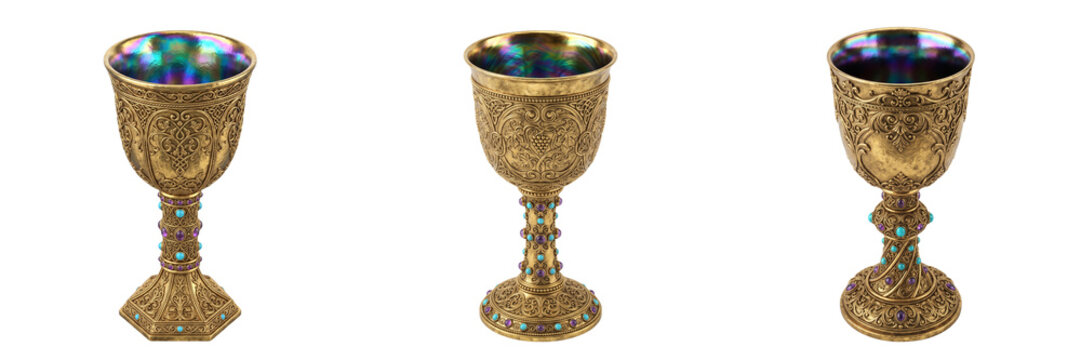 Antique Ornate Golden Goblets Chalice Set Isolated on Transparent or White Background