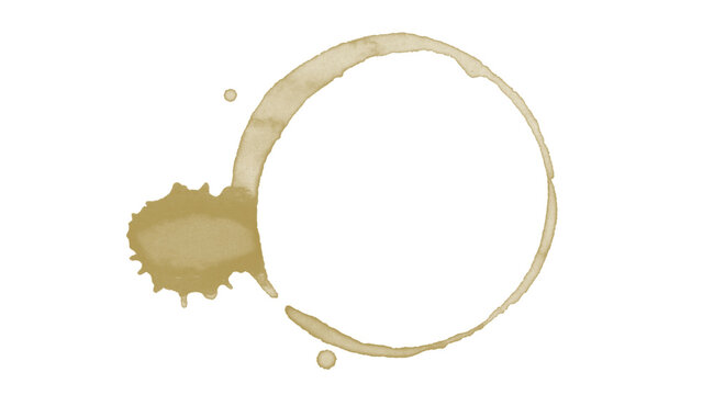 Coffee Ring Stain on White Background &mdash; Brown Coffee Cup Circle Mark with Splat, Imperfect Ring Texture Overlay for Design


