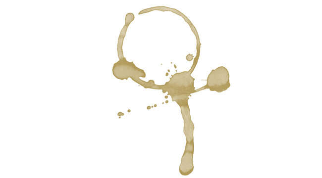 Coffee Ring Stain with Drips on White Background &mdash; Brown Irregular Circle Cup Mark, Splatter Stain Texture Overlay

