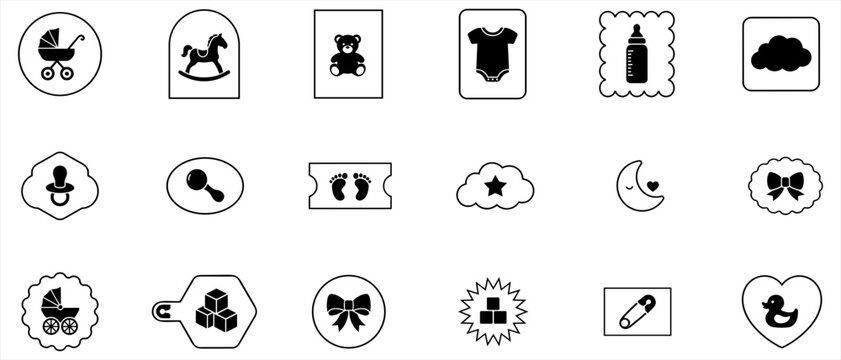Collection of cute animal and object icons set, vector illustration