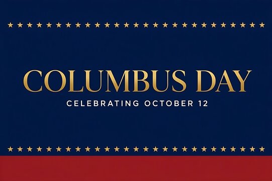 Luxury Happy Columbus Day greeting banner with elegant golden typography on dark blue and red background