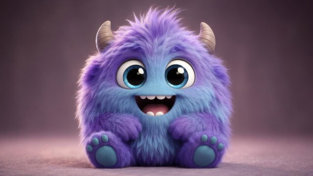 Cute furry blue and purple horned monster smiling at camera. Playful fantasy character expressing happiness and wonder for children's entertainment, greeting card, and storybook design.