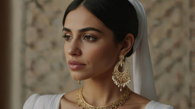 Medium shot Arab woman fastening elegant earrings and necklace, calm portrait