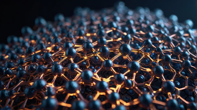 Microscopic atomic lattice with glowing metallic nodes and dark sphere structure
