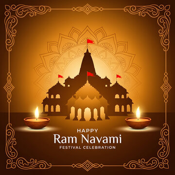 Ram Navami festival greeting card with temple silhouette and glowing oil lamps