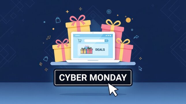Cyber Monday Cyber Monday online shopping deals with laptop and gift boxes vector graphic